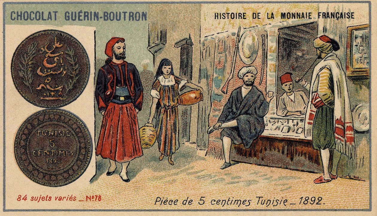Serien History of the French Currency udgivet af Chocolat Guérin Boutron. 1800-tallets kromolitografi. 5 cent mønt i Tunesien i 1892. af Unknown artist