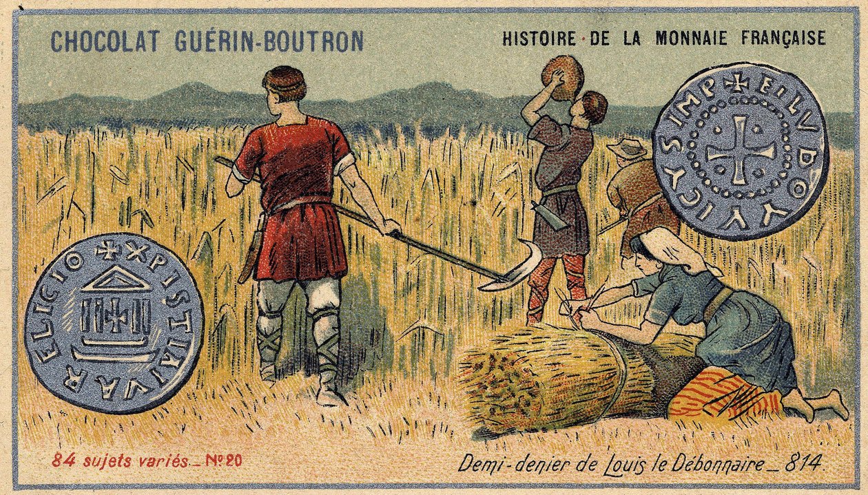 Serien History of the French Currency udgivet af Chocolat Guérin Boutron. 1800-tallets kromolitografi. Halv benægter af Louis den Debonnaire i 814 af Unknown artist