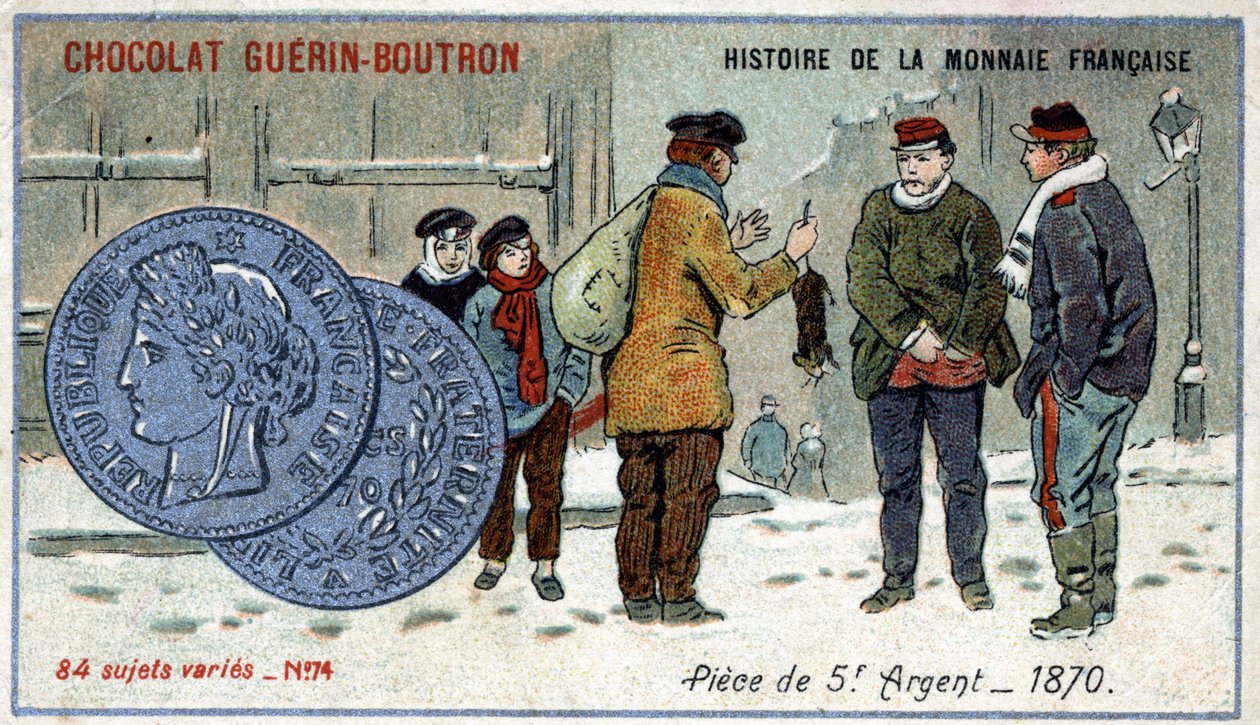 Serien History of the French Currency udgivet af Chocolat Guérin Boutron. 1800-tallets kromolitografi. 5 franc sølvmønt i 1870 af Unknown artist