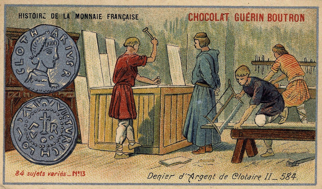 Serien History of the French Currency udgivet af Chocolat Guérin Boutron. 1800-tallets kromolitografi. Silver Denier of Clotaire (Clotaire) II i 584 af Unknown artist