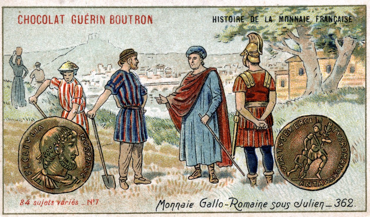Serien History of the French Currency udgivet af Chocolat Guérin Boutron. 1800-tallets kromolitografi. Gallo romerske mønter under Julian af Unknown artist