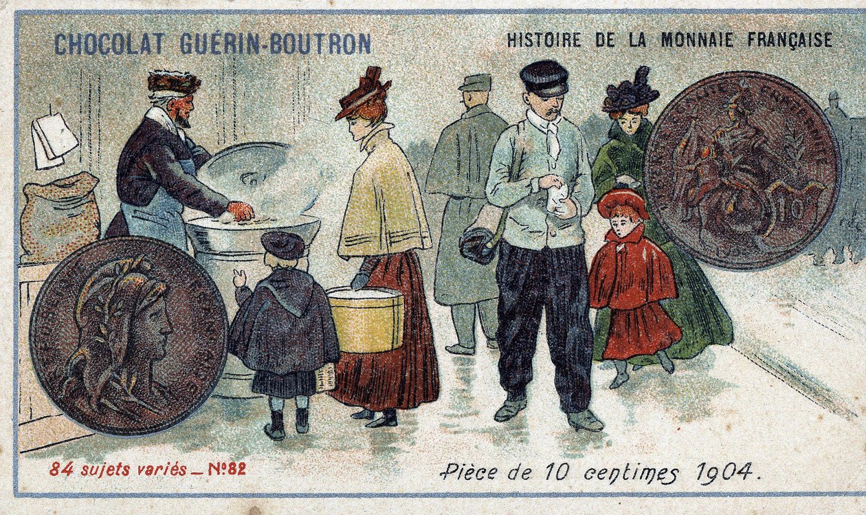 Serien History of the French Currency udgivet af Chocolat Guérin Boutron. 1800-tallets kromolitografi. 10 cent mønt i 1904 af Unknown artist