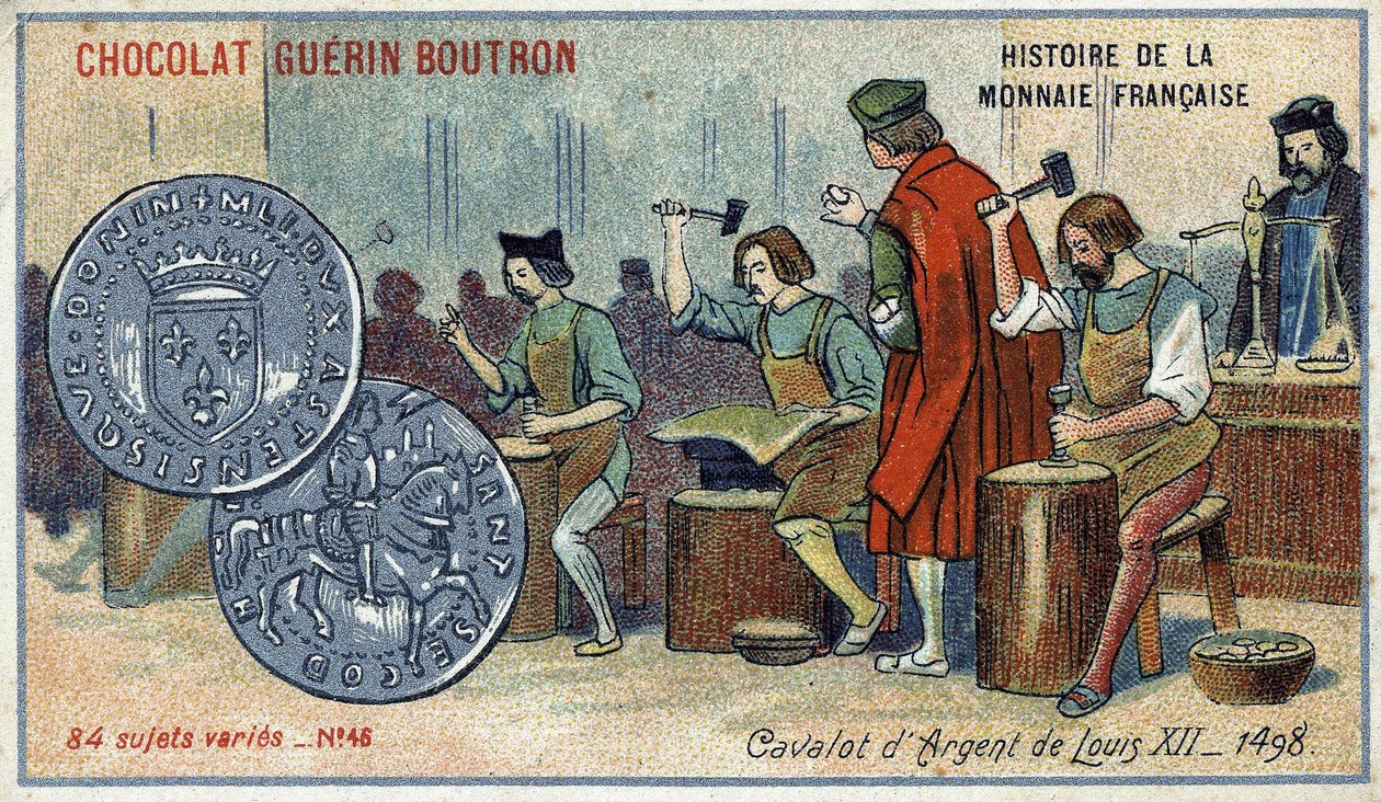 Serien History of the French Currency udgivet af Chocolat Guérin Boutron. 1800-tallets kromolitografi. Louis XIIs sølvkavalot. 1498 af Unknown artist