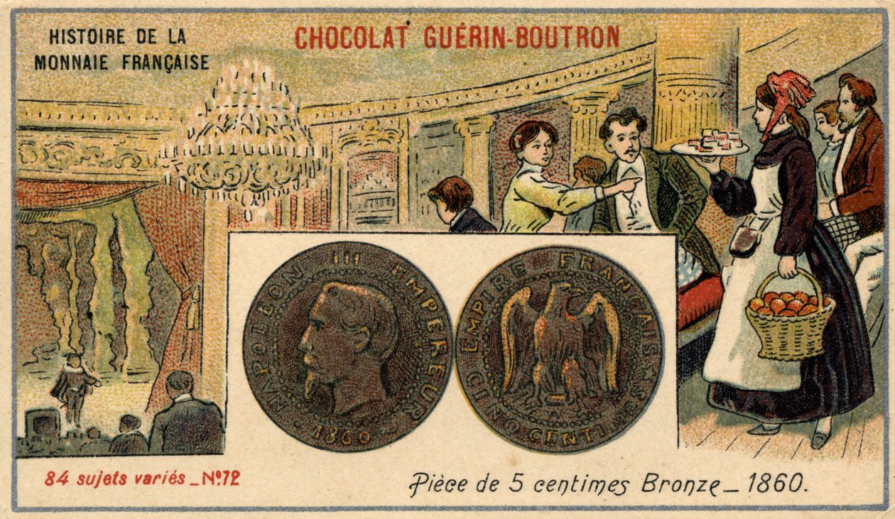 Serien History of the French Currency udgivet af Chocolat Guérin Boutron. 1800-tallets kromolitografi. 5 cents bronzemønt i 1860. Napoleon III. af Unknown artist