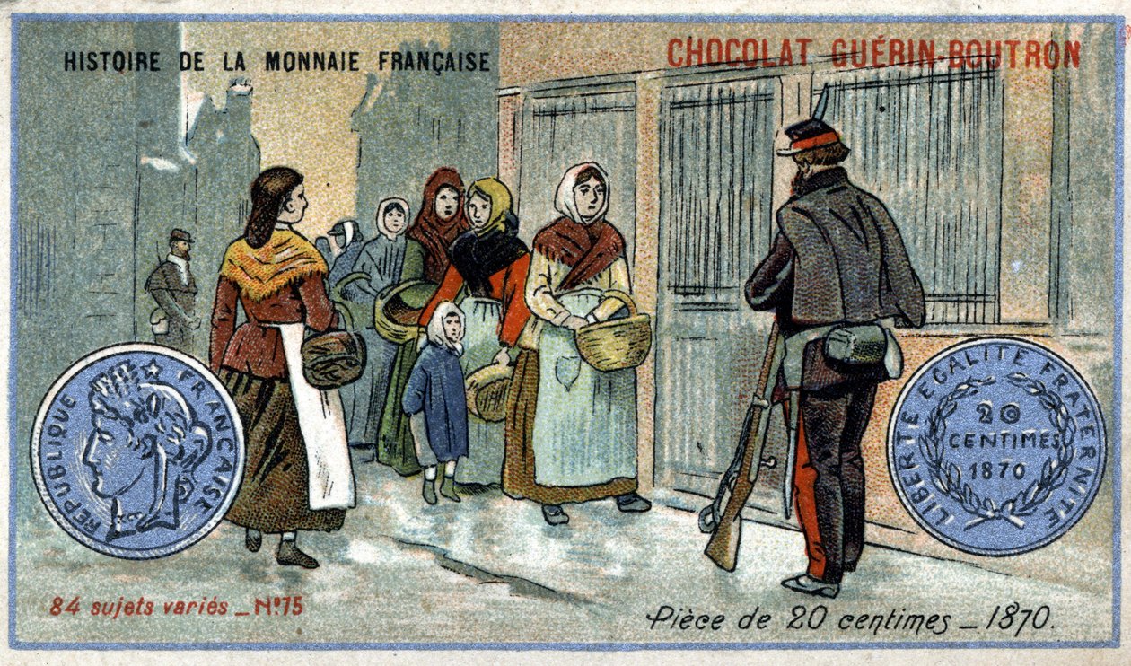 Serien History of the French Currency udgivet af Chocolat Guérin Boutron. 1800-tallets kromolitografi. 20 centimes mønt i 1870 af Unknown artist