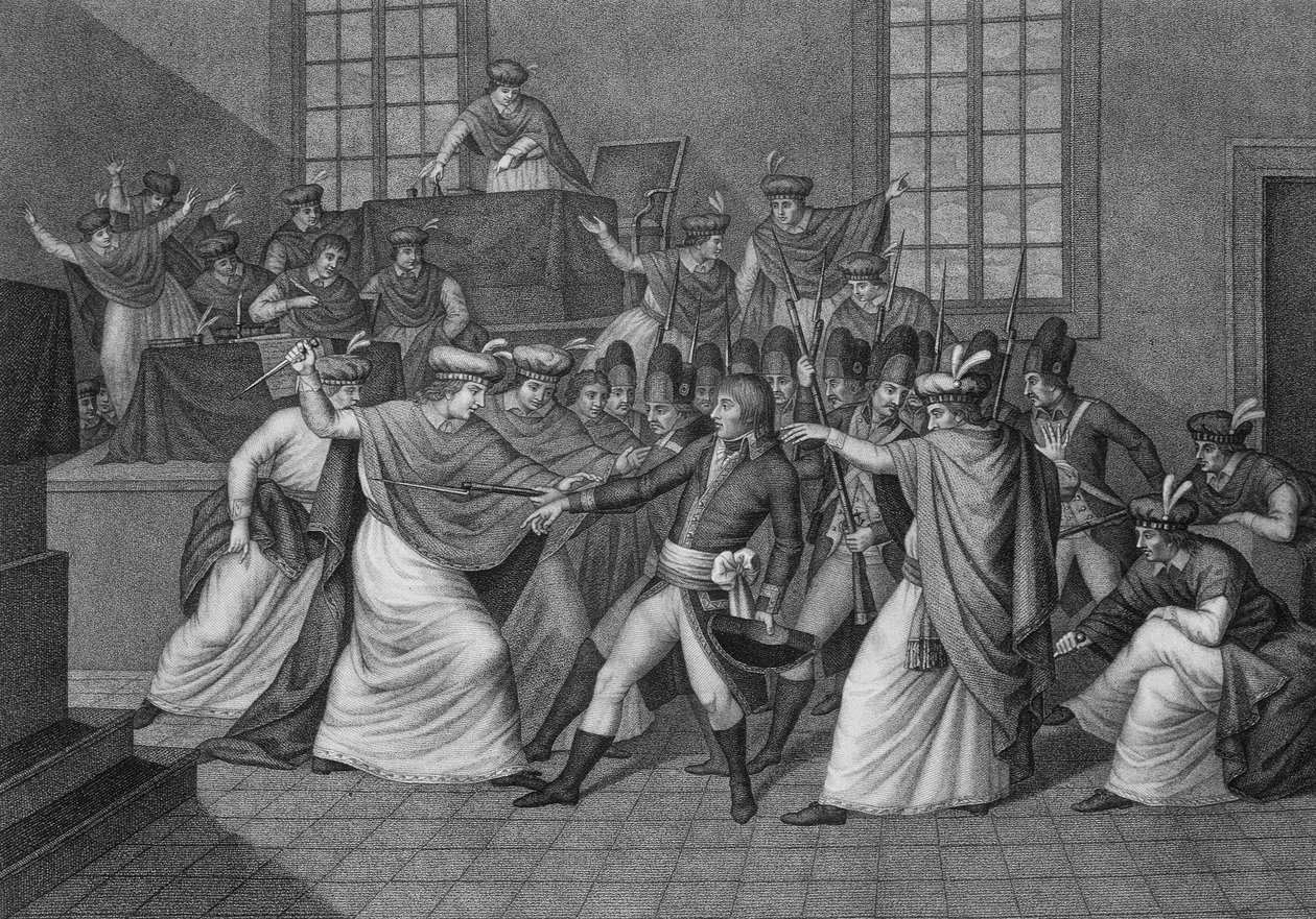 Møde for det lovgivende organ på Orangerie de Saint Cloud: Bonaparte præsenterer sig selv ved Forsamlingen af Rådet for Fem Cents (Fem Cents) (lokale på 500) og opløste det den 19. brumaire år VIII under statskuppet i de 18. brumaire. af Unknown artist