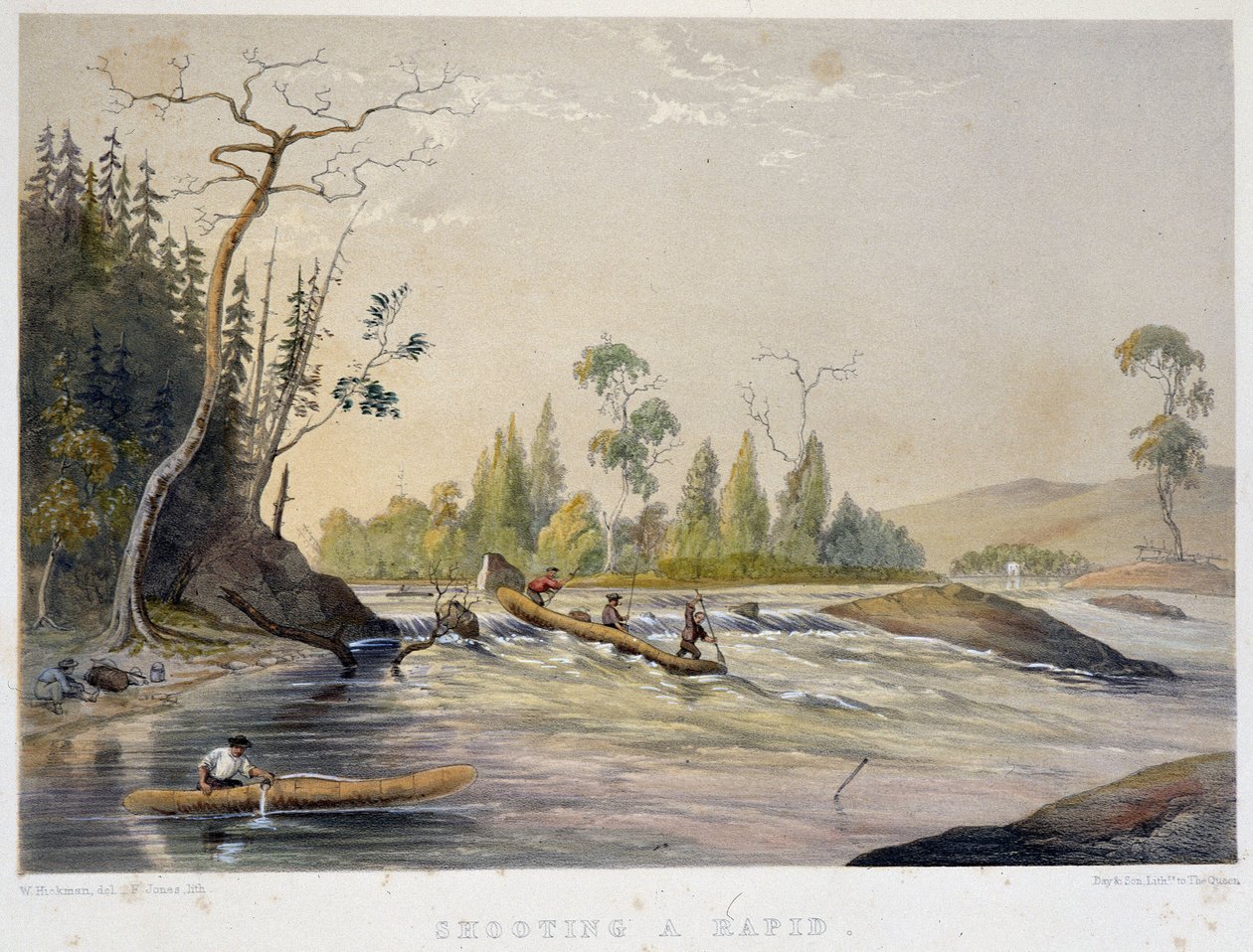 Nybyggere, der fisker i en hurtig - i "" Skitser på nipisaguit en flod i New Brunswick i Amerika"" af William Hickman, red. Halifax af Unknown artist