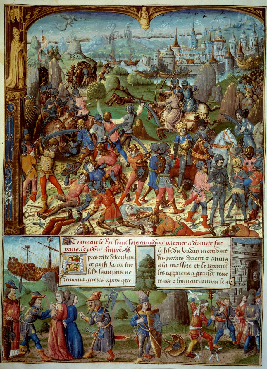 Syvende korstog (1248-1254). På toppen Louis IX (Saint Louis) (1215-1270), konge af Frankrig, med overfarterne efter at være blevet besejret af saracenerne ved Mansourah i 1250. De trak sig tilbage bag Damaskus tårne. Ludvig IX og hans to brødre er taget i af Unknown artist