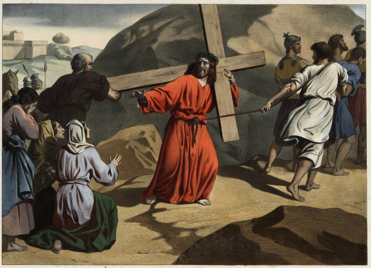 Hun klatrede til Golgata: Jesus bar sit kors trøste Jerusalems døtre. Anonym stik fra midten af 1800-tallet. af Unknown artist