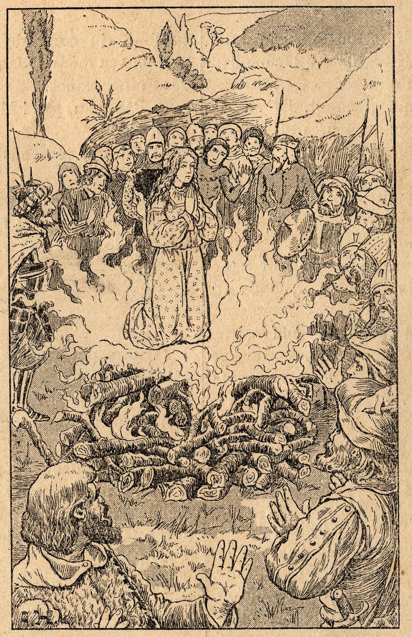 Hun bliver midt i flammerne... Sankt Rose af Viterbo (Rosa da Viterbo) (1233-1252). Stik fra slutningen af 1800-tallet. Privat samling. af Unknown artist