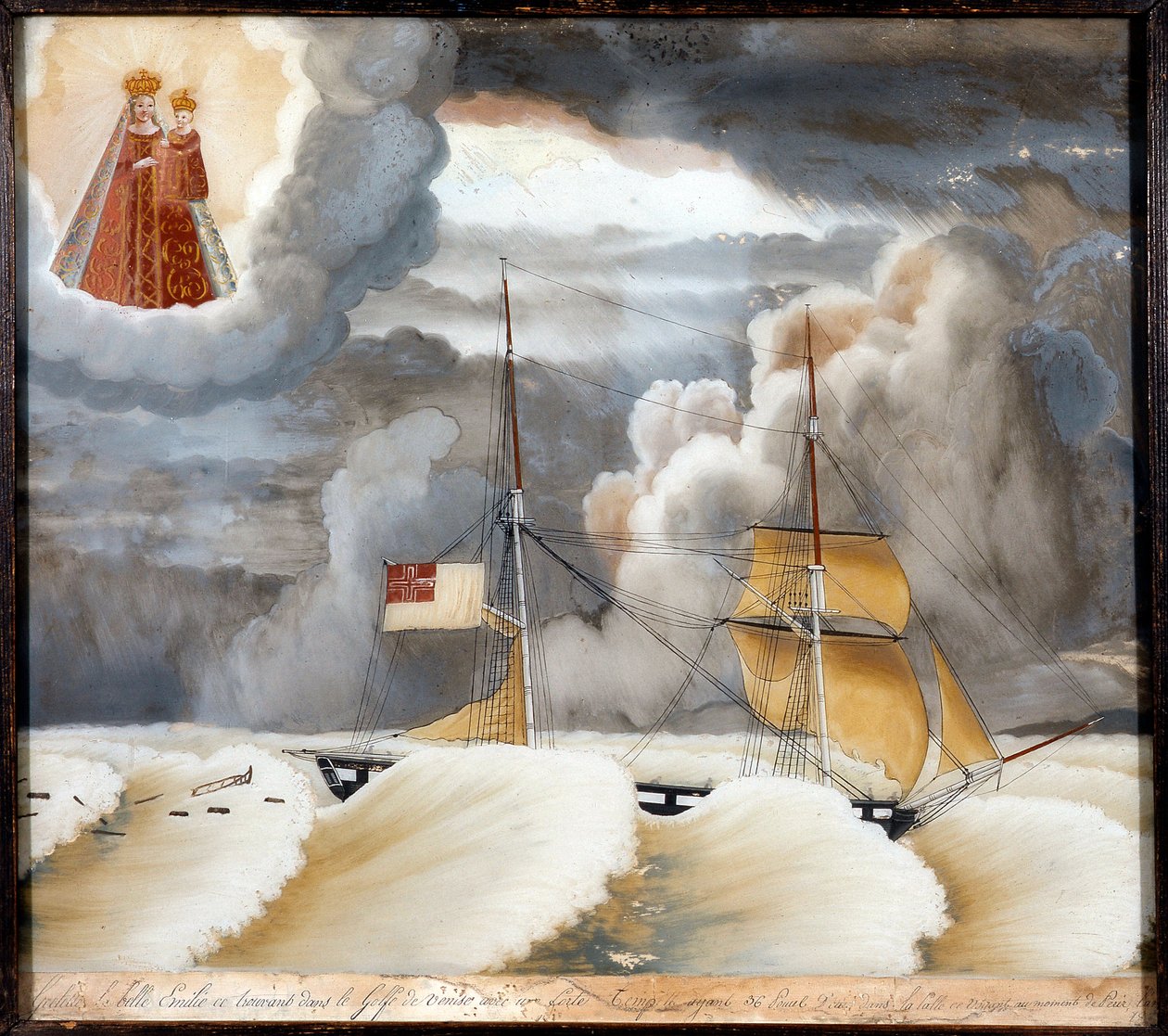 Skibet "" La belle Emilie"" i sværhedsgrad - maleri på træ, ex voto fra Notre Dame de Laghet, 44x37 cm af Unknown artist