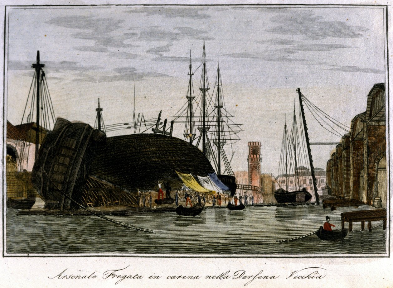 Skib skudt ned i skroget. Venetiansk skridt, hvis skrog repareres i arsenalet. Gravering af det 19. århundrede. af Unknown artist