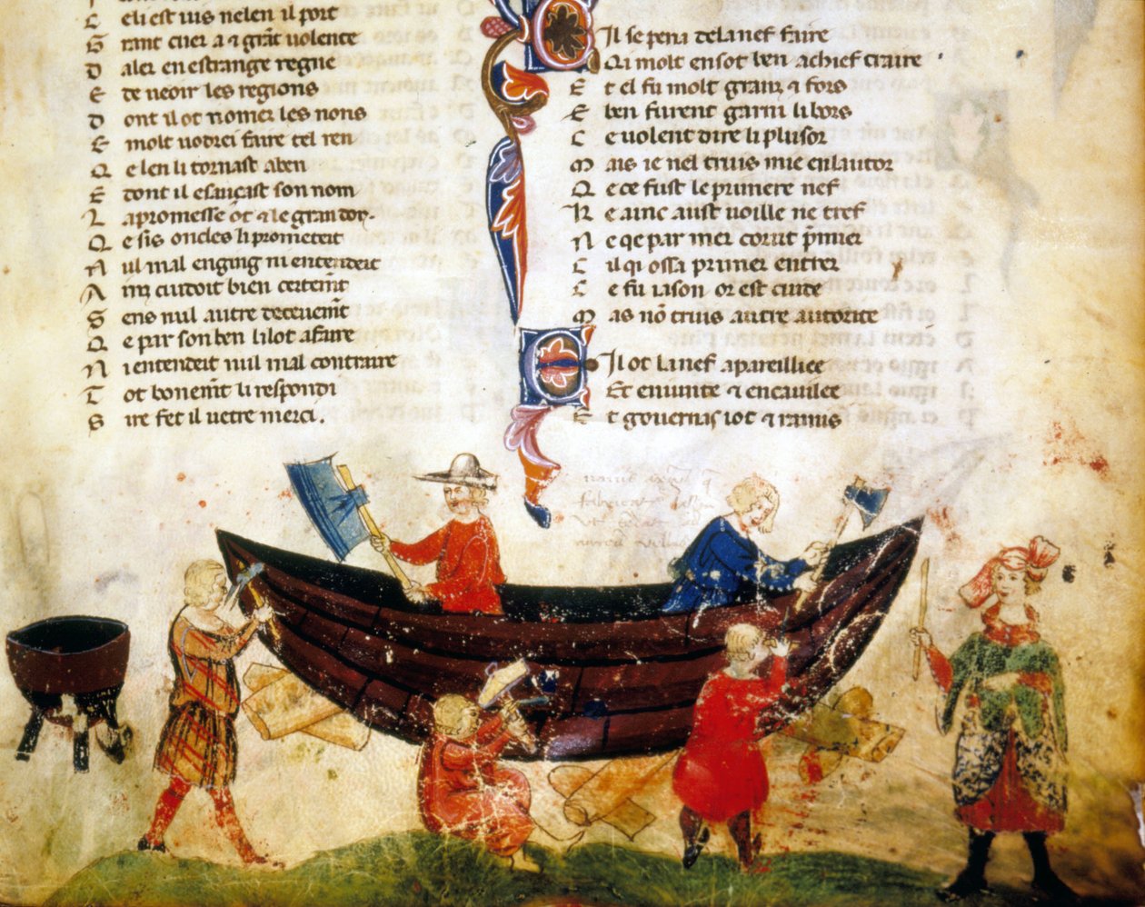 Skibsbygning og tætning i det 13. århundrede. Miniature af "Roman de Troy"" af Benoit de Saint Maure. Biblioteca Marciana fra det 14. århundrede, Venedig af Unknown artist