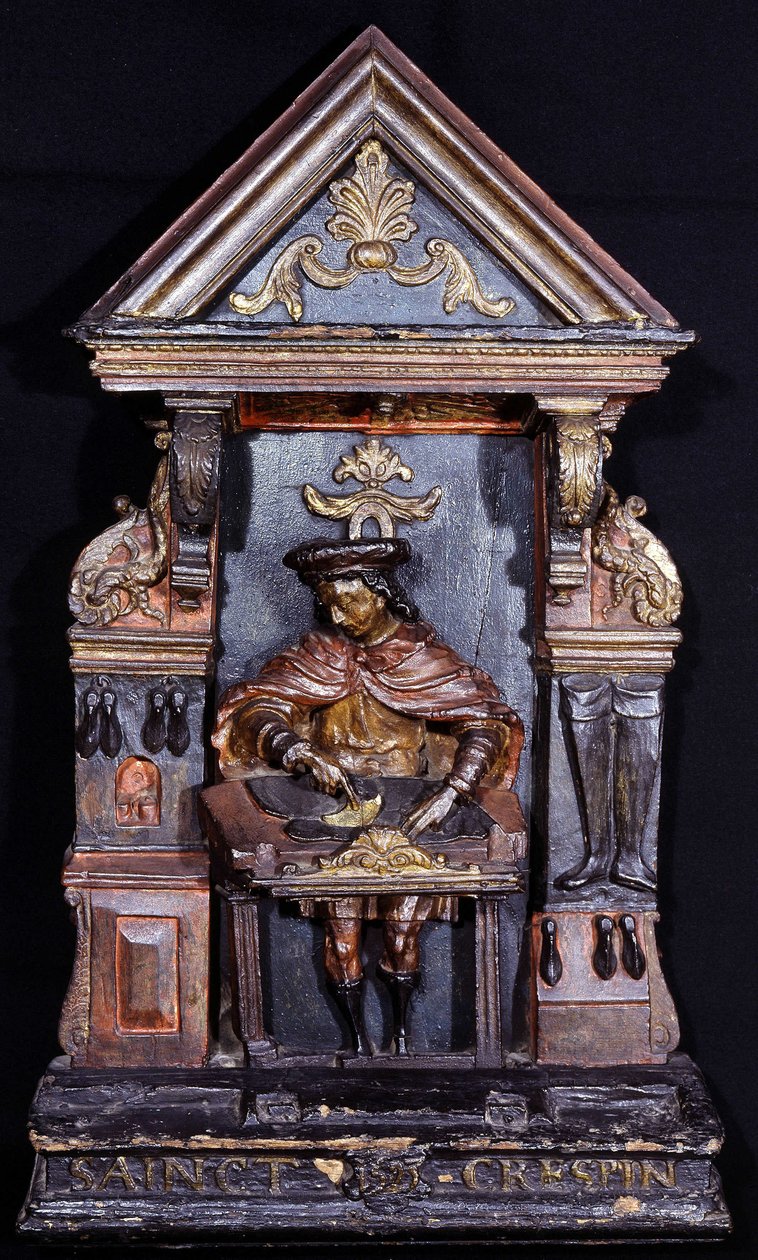 Skomagerskilt med inskriptionen i bunden "" Saint Crespin"" - udskåret træ af Unknown artist