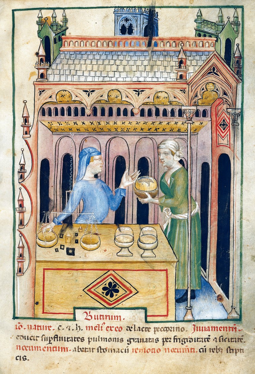 Butik med smørbrød og to kvinder, illustration fra Tacuinum sanitatis, oplyst manuskript, latinsk genudgivelse af et arabisk værk fra det 11. århundrede af Unknown artist