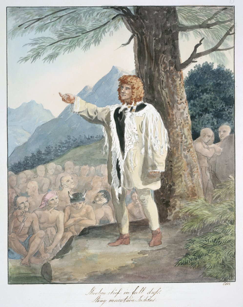 Shoshone Chief i heldragt, Stony Mountain Indian, ca. 1843-50 (akvarel) af Unknown artist