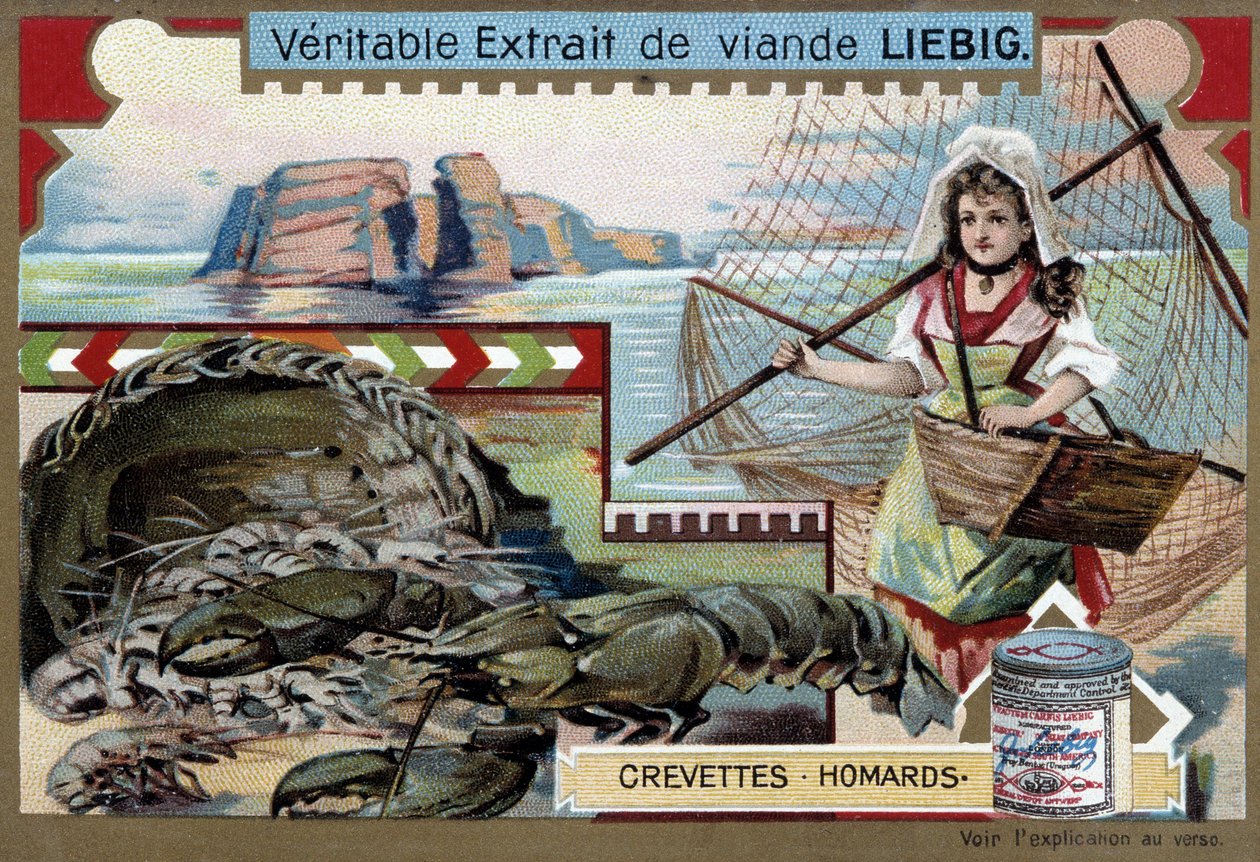 Rejer og hummer med en ung fiskerkvinde, der bærer sin kurv og et stort net - Liebig-kromolitografi af Unknown artist