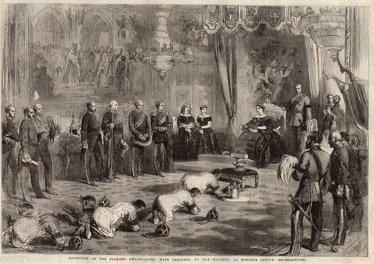 Siam-ambassadører kravlede til dronning Victoria Iere (1819-1901) og prins Albert (1819-1861) under deres besøg på Windsor Castle. Indgravering i ""The illustrated London News"" af 5. december 1857. af Unknown artist