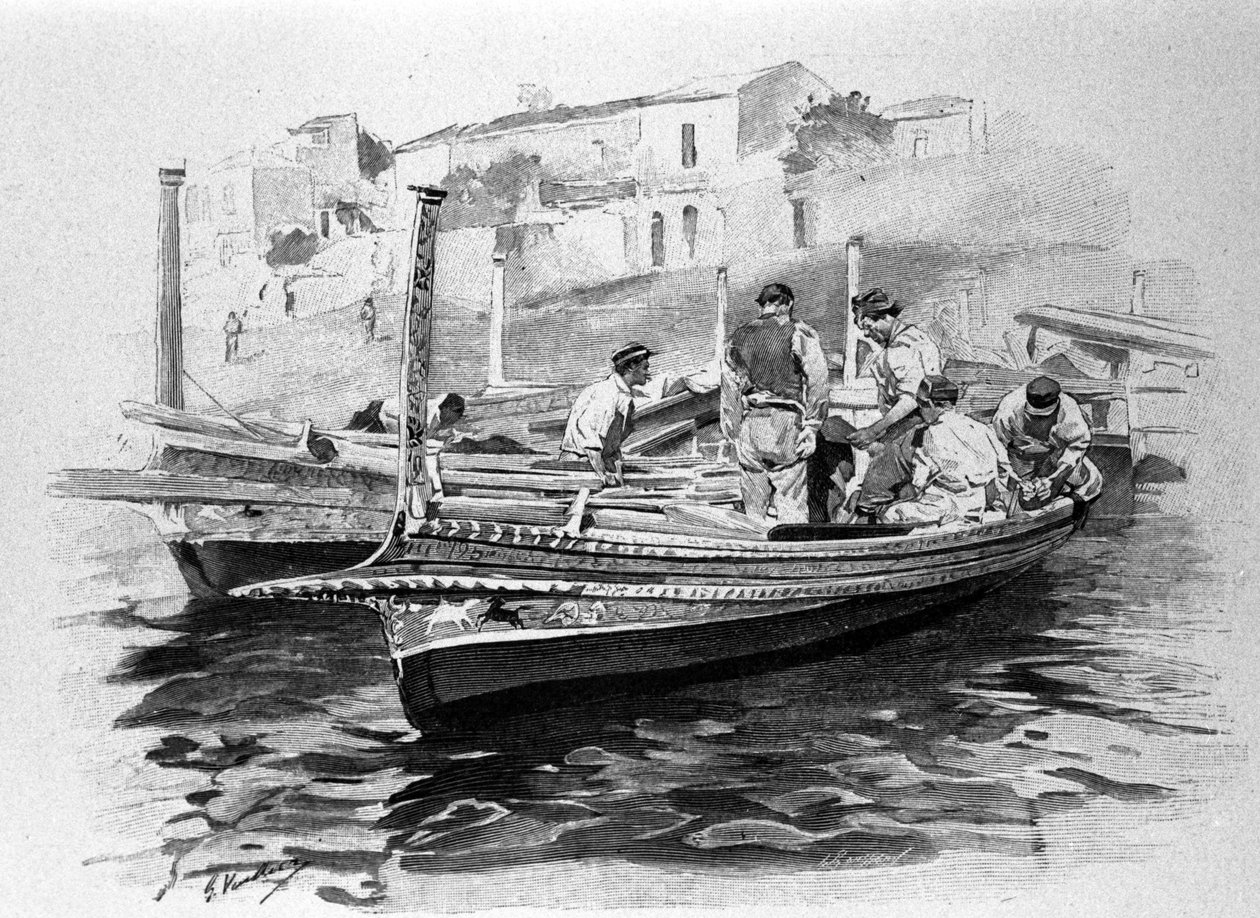 Sicilianske fiskere fra Lipari-regionen. 1800-tals gravering. af Unknown artist