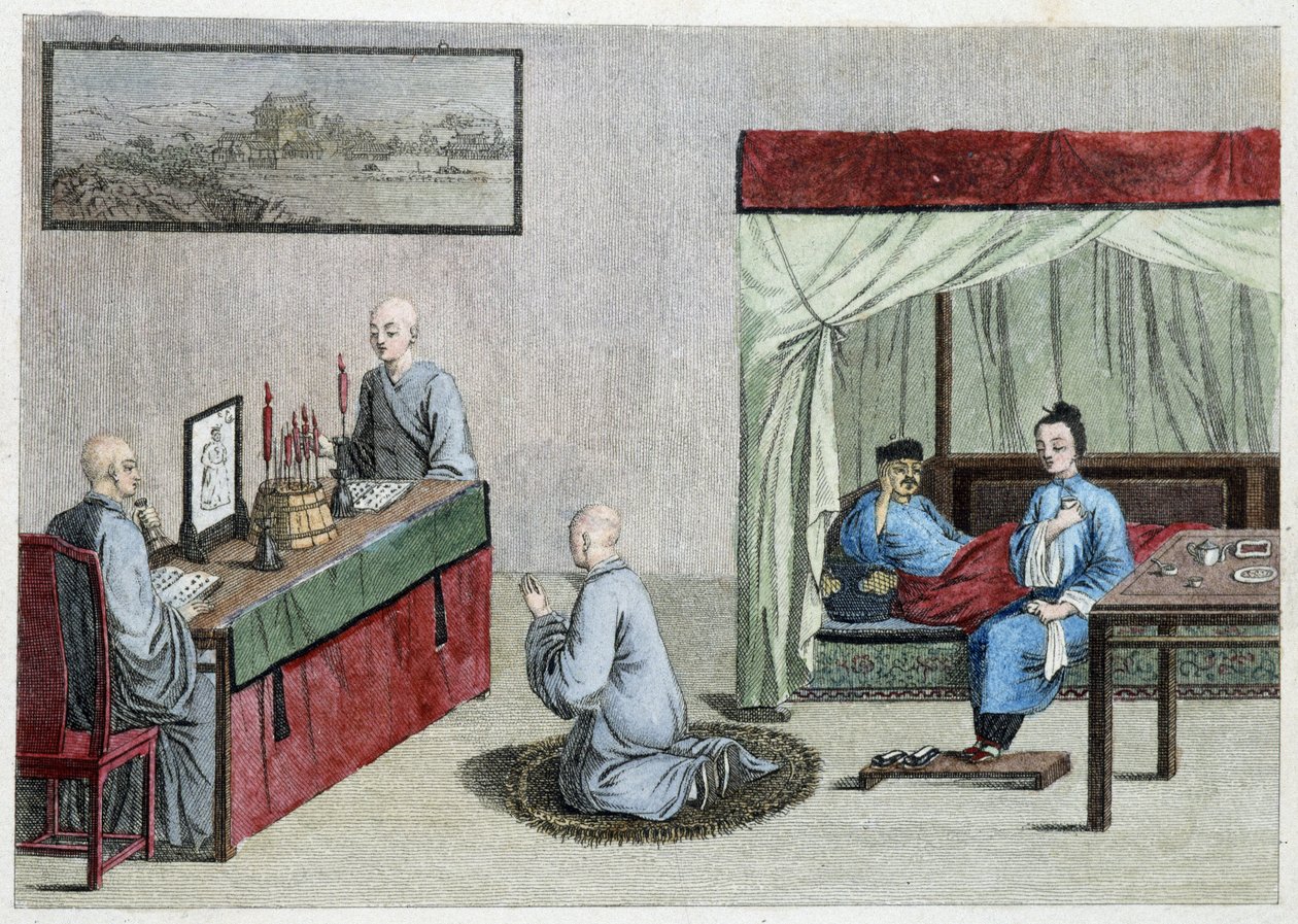 Syg mand i sengen og bøn af munke - Kina af Unknown artist