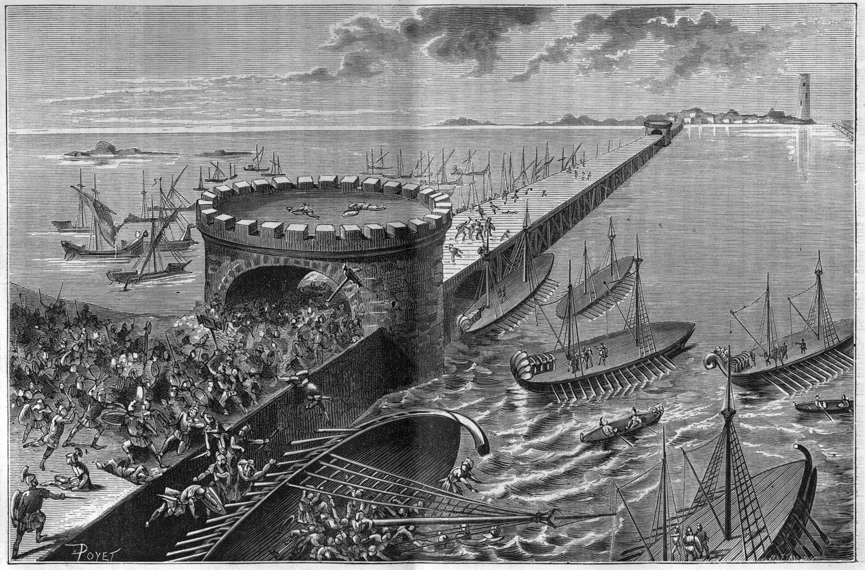 Belejring af Alexandria af Jules Cesar i 47 f.Kr. Cesars galere under vægten af de soldater, der invaderede den. Stik fra 1885. af Unknown artist