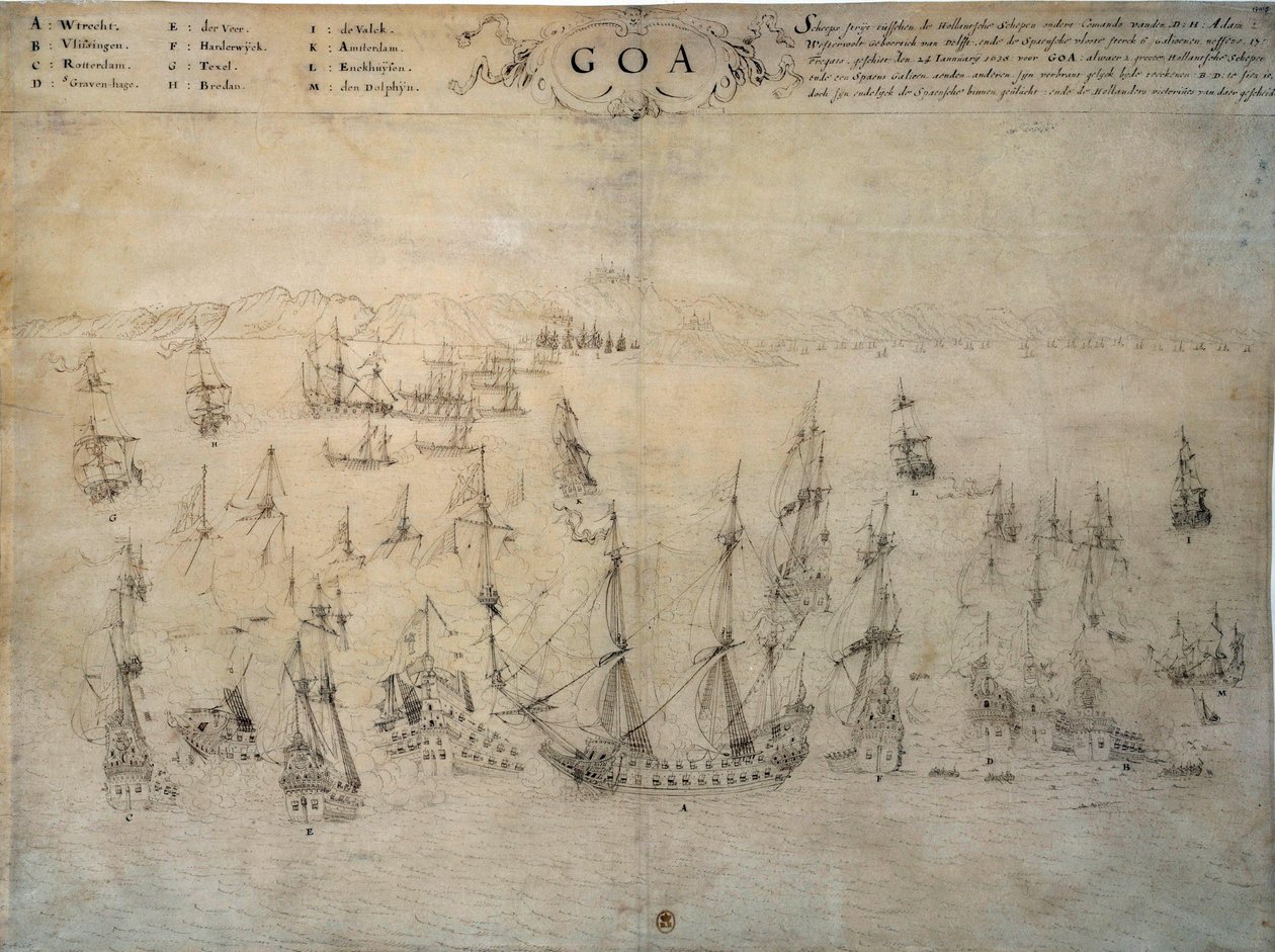 Belejring af Goa, portugisisk koloni, af den hollandske flåde mellem 1603 og 1639. Manuskript fra 1600-tallet Paris, B.N. af Unknown artist