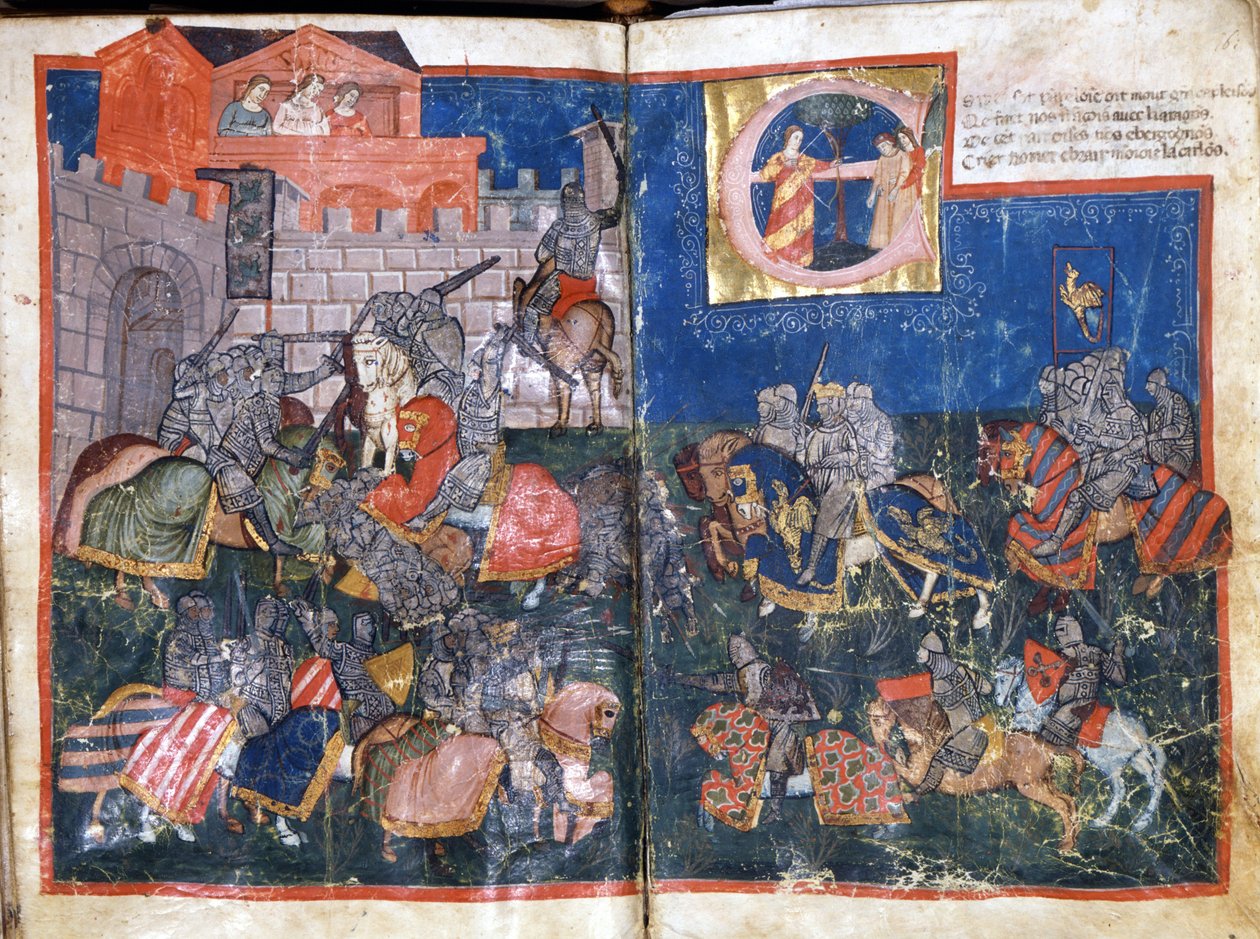 Belejring af Pamplona i Spanien af Charlemagne Miniature fra "Entree of Spain"". Venedig fra det 14. århundrede, Biblioteca Marciana. af Unknown artist