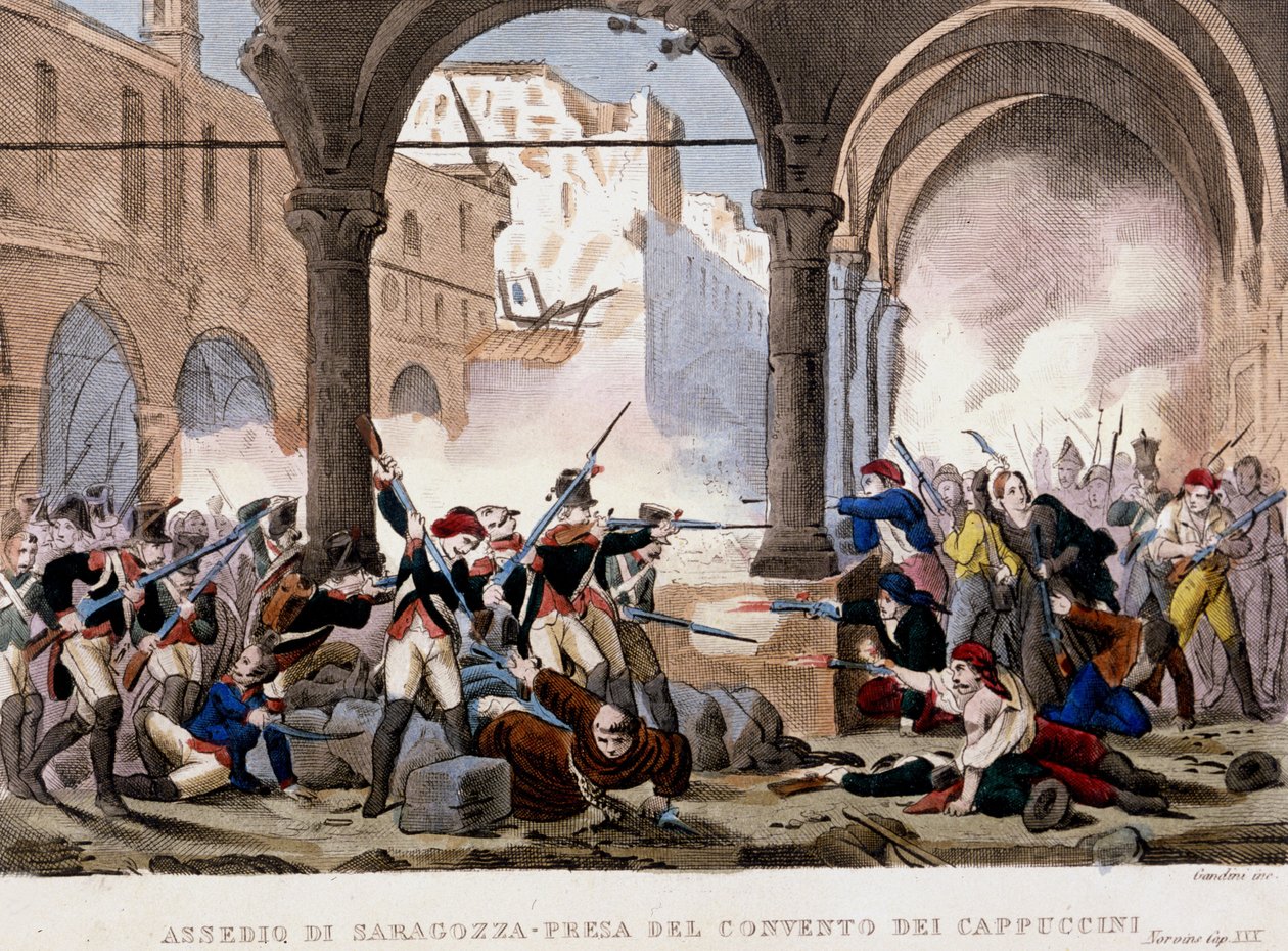 Belejring af Zaragoza (Zaragoza) og Kapucinerklostret i 1808. Farvestik af perioden. Milano af Unknown artist