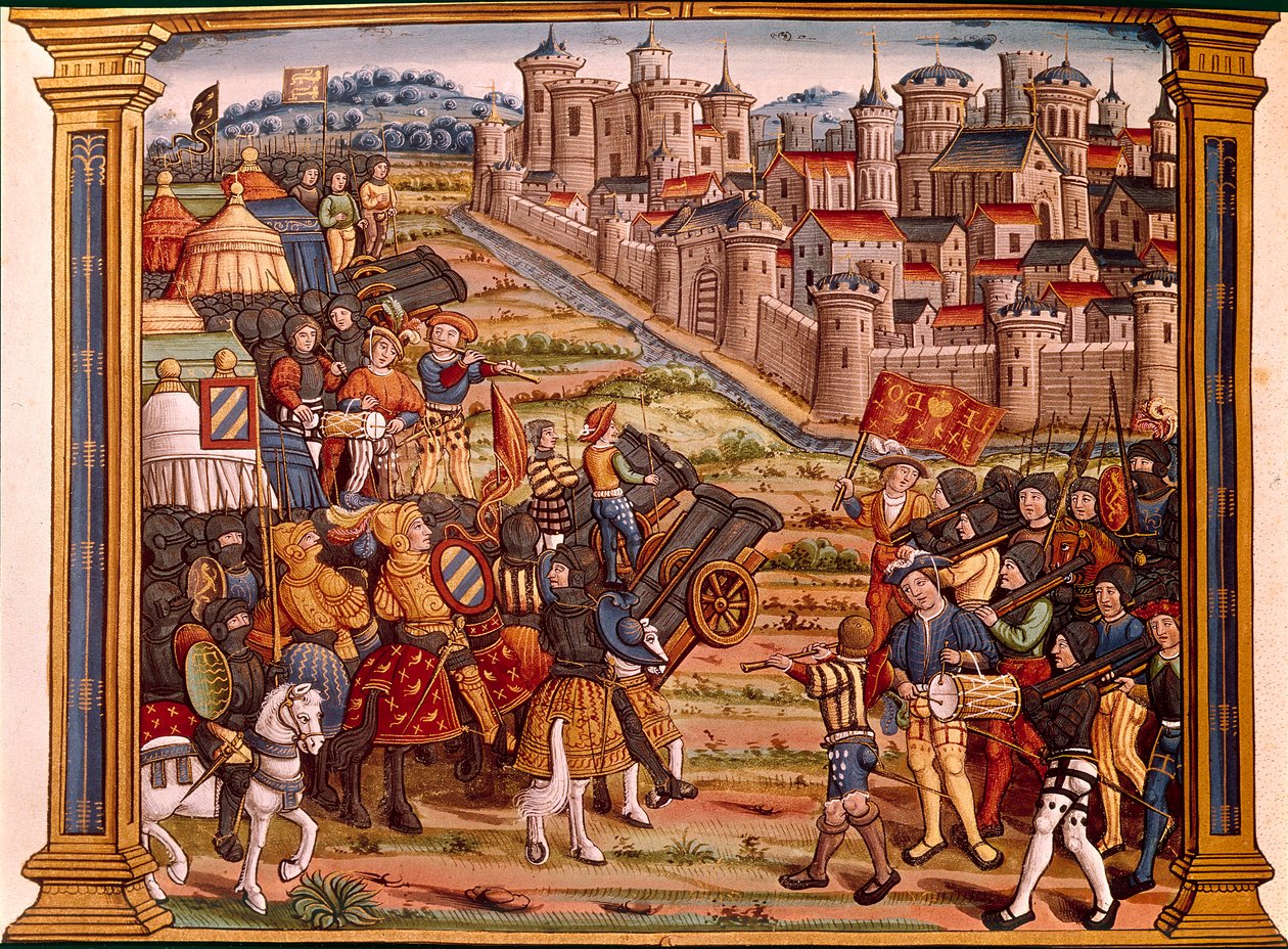 Belejring af en by med bomber: Louis XI mod Liegeois. Miniaturen tager fra manuskriptet "" Les epitaphes des feux kings Ludvig XI. af dette navn og fra Charles, hans søn VIII af dette navn, at gud fraværende"" af Unknown artist
