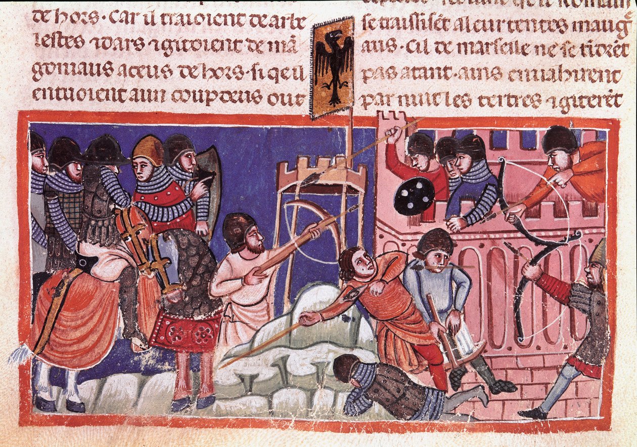 Belejring af en befæstet by. Miniature fra en kodeks om Jules Cesars fakta (101 f.Kr.-44 f.Kr.) Venedig fra det 14. århundrede, Biblioteca marciana af Unknown artist