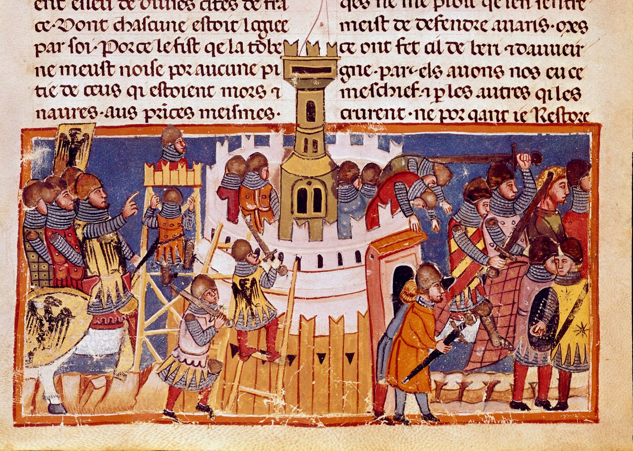 Belejring af en befæstet by Miniature taget fra "The Facts of the Romans"", der fortæller om de tolv Cesars liv. Venedig fra det 13. århundrede, biblioteca Marciana af Unknown artist