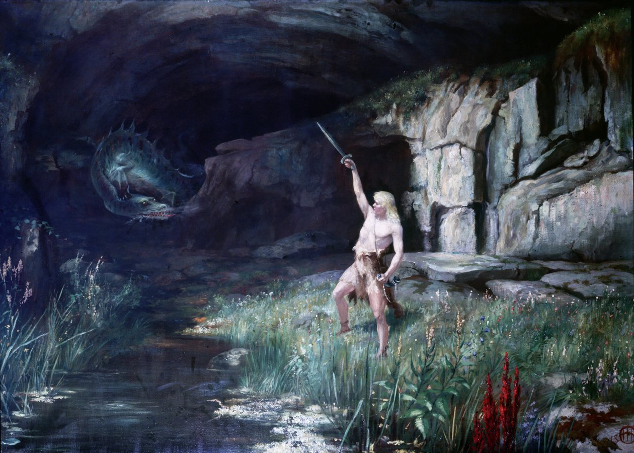 Siegfried, vendt mod dragen Fafner, viftede med sit sværd. Scene of the Opera "" Ring of the Nibelungen"" af Richard Wagner (1813 - 1883). Maleri. af Unknown artist