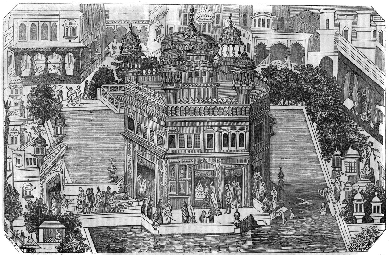 Sikhisme: udsigt over det gyldne tempel (Harmandir Sahib), det kulturelle centrum for sikh-religionen, bassinet og byen Amritsar i staten Indian Panjab (Kongeriget Lahore). I "" Den maleriske butik"" 1836 af Unknown artist
