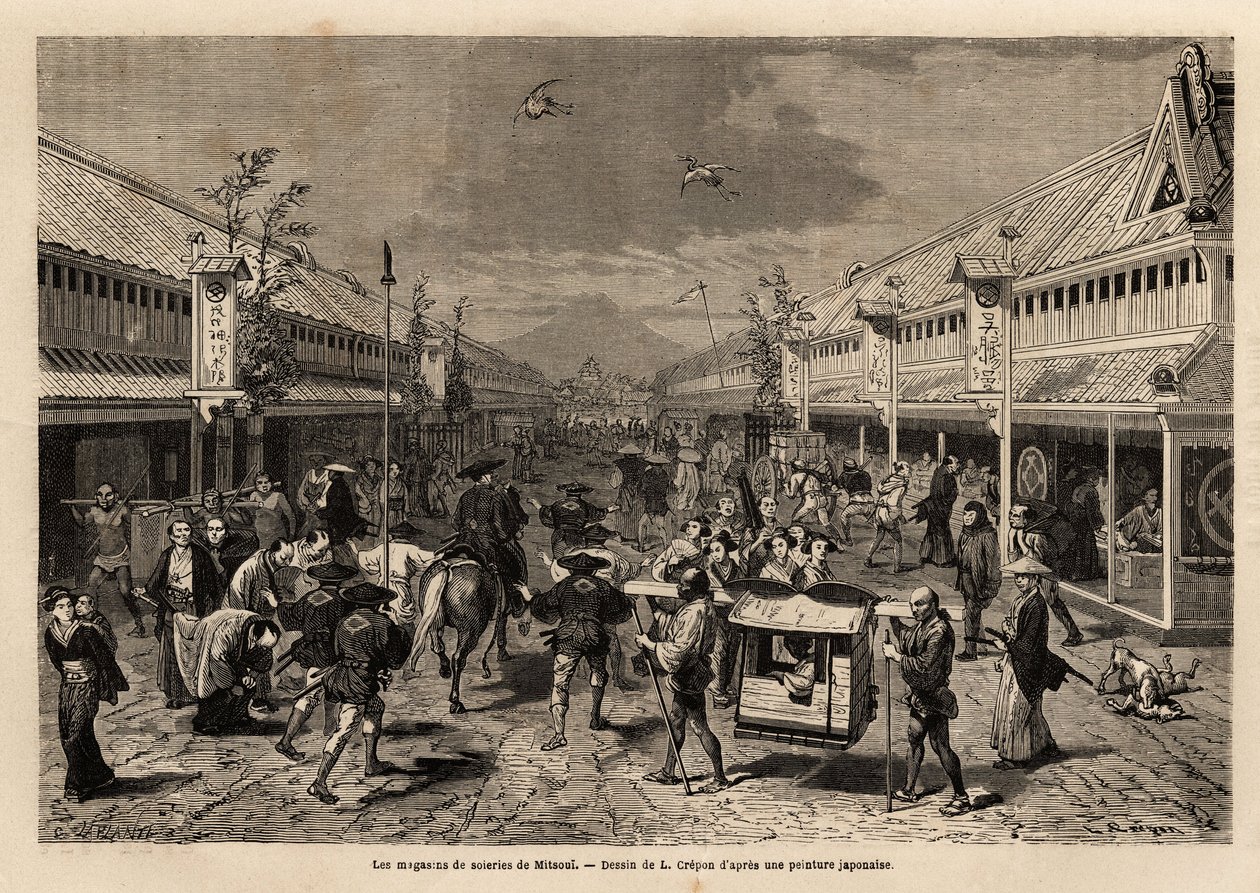 Silkebutikker i Mitsoui, Yedo (eller Edo, nutidens Tokyo), livlige og i baggrunden silhuetten af Mount Fuji. Indgravering til illustration af rejsen til Japan i 1863-1864 af Aime Humbert, minister for Det Schweiziske Forbund, i "Le tour du monde, nou af Unknown artist