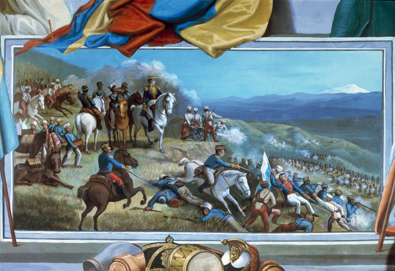 Simon Bolivar leder oprørstropper mod Agustin Agualongos spanske styrker, fresko Ibarra rådhus, Ecuador af Unknown artist