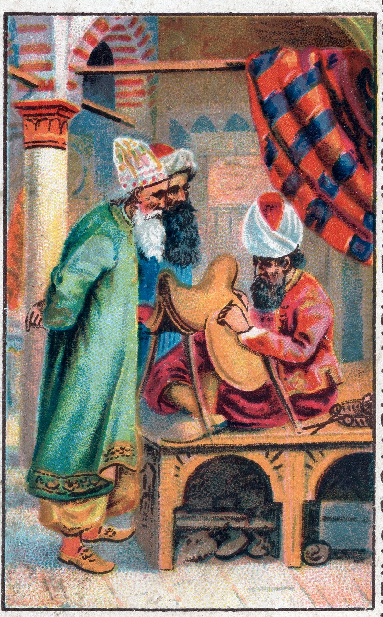 Sindbad laver en sadel. Sømanden Sinbads (Sindbad) vidunderlige eventyr. Populær fortælling om 1001 nætter (et tusinde og en nat). Kromolitografi i slutningen af det 19. århundrede. af Unknown artist