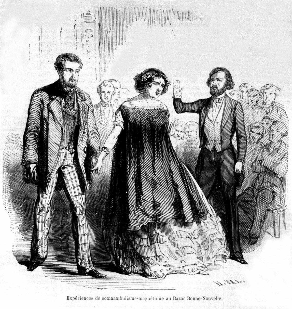 Søvnvandringsoplevelser: magnetisme og hypnose ved Bazaar de la Bonne-Nouvelle, gravering fra 1885 af Unknown artist