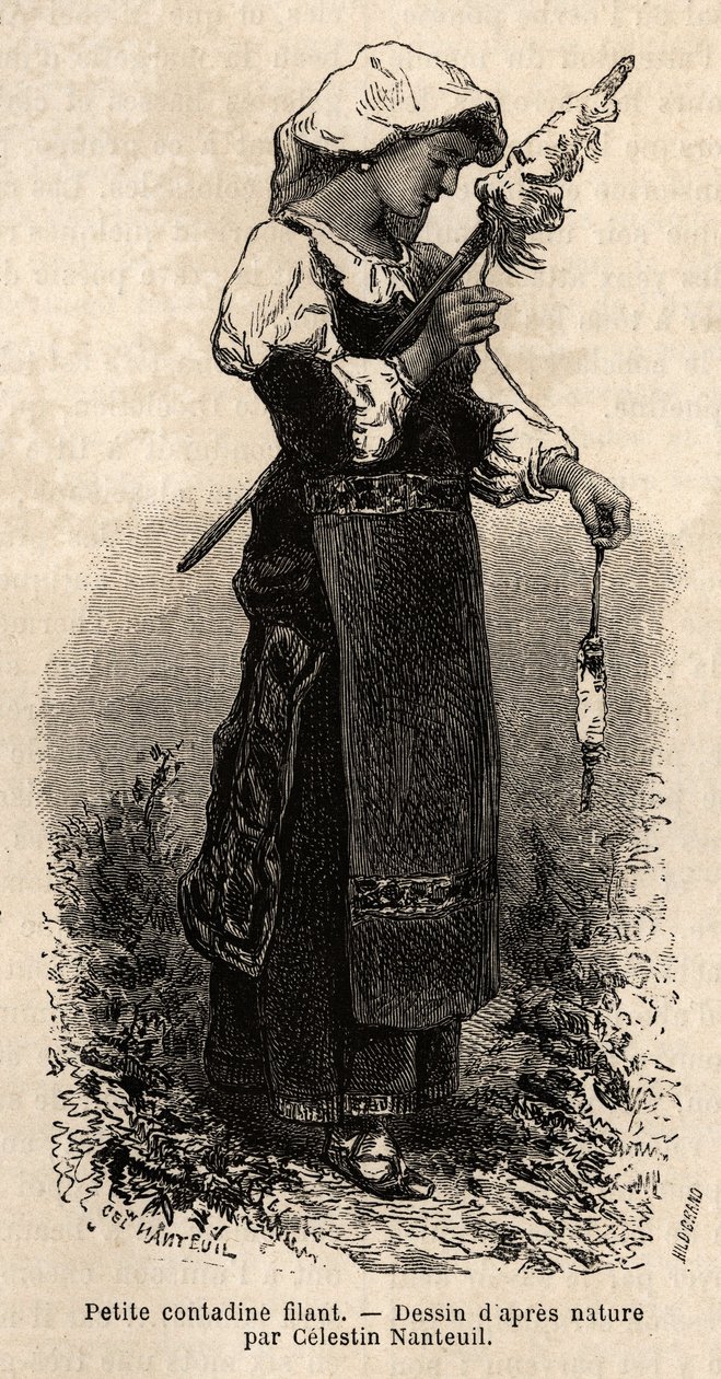 Lille contadin (bonde) fra Roms omgivelser, spinder uld med sin spindel. Gravering til illustration af rejsen til Rom, af Francis Wey, i 1864-1870, udgivet i "Le tour du monde"" 1870-1871, redigeret af Edouard Charton, udgave Hachette, Pari af Unknown artist