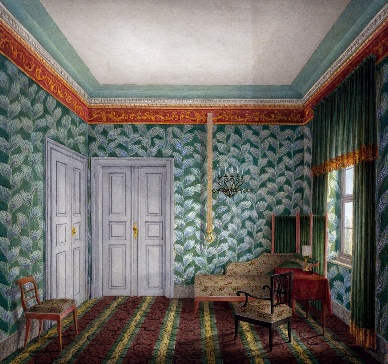Lille dagstue med grønt tapet og løv af Unknown artist