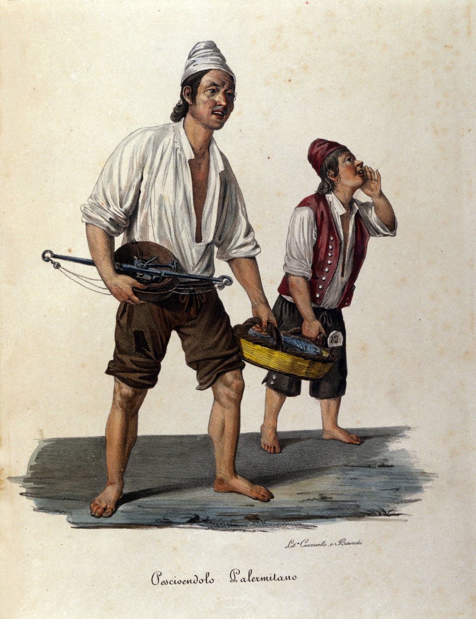 Lille metier af gaden: sælgere af vandrende fisk. Siciliens gravering af det 19. århundrede af Unknown artist