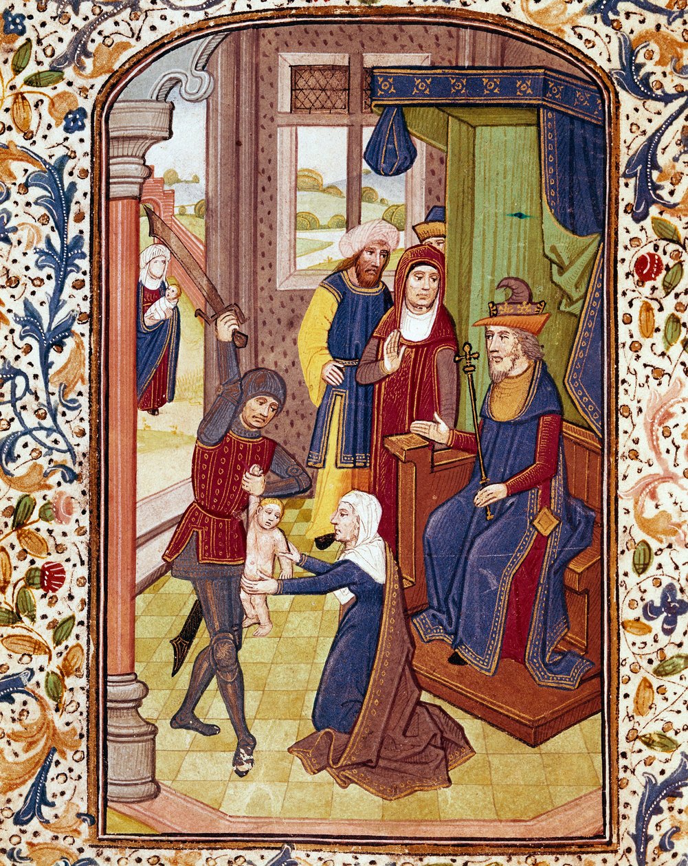 Salomons dom To kvinder foregiver at være mor til det samme barn. Miniature fra et manuskript fra universitetets Coimbra-bibliotek fra det 15. århundrede af Unknown artist