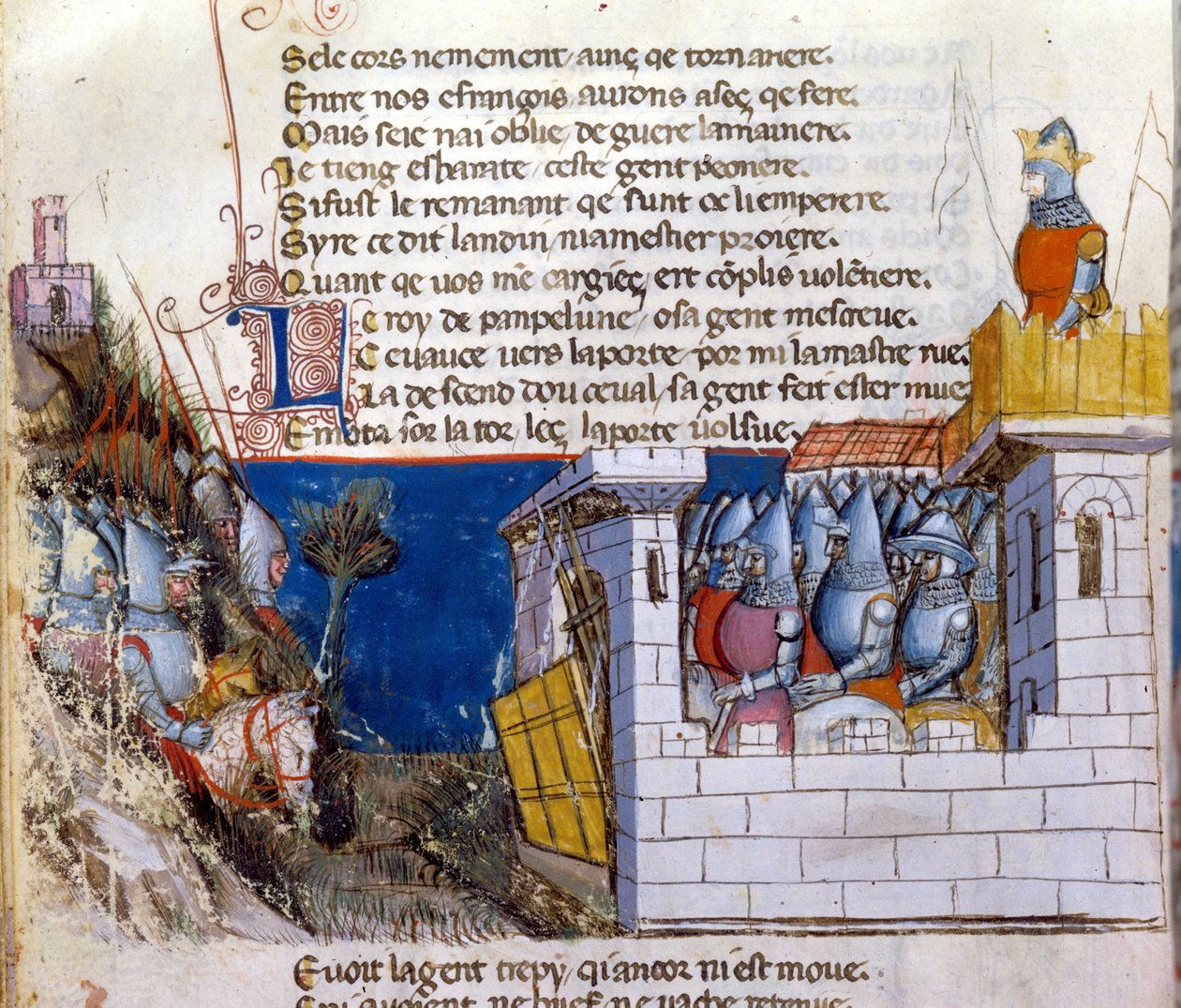 Sang af gestus: en hær pågriber for at angribe fjendens hær tilflugt i et slot og beskyttet af vindebroen. Miniature fra det fransk-italienske manuskript "" Entree d