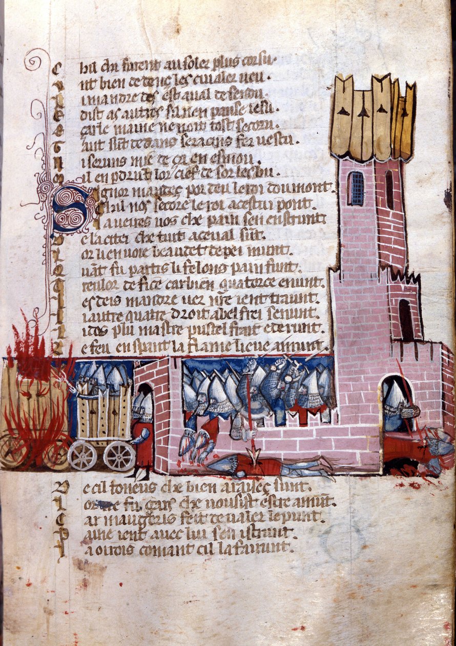 Sang af gestus: kampscene nær en befæstet by (sandsynligvis erobringen af Spanien af Karl den Stores hær). Miniature fra det fransk-italienske manuskript "" Entreée d