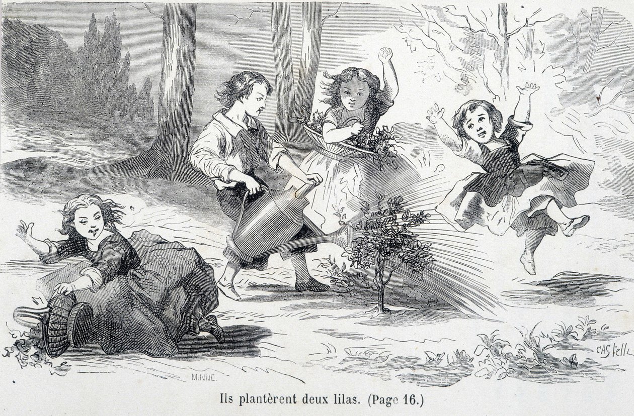 Sophie og hendes venner planter lilla - i "The misfortunes of Sophie"" af grevinden af Ségur, Hachette af Unknown artist