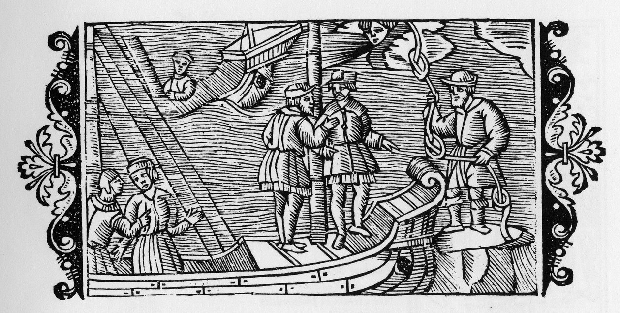 Troldmand, der sælger til sømænd vindene låst i de tre noder af et reb - i "Historia de Gentibus Septentrionalibus" (Historien om folkene i Norden) af Olaus Magnus, Rom 1555 af Unknown artist