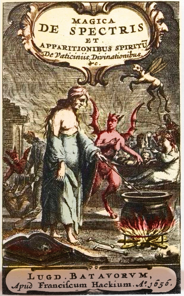 Troldkvinder tilbereder eliksirer overvåget af djævle, frontispice fra ""Spøgelsernes og tilsynekomsternes magi i profetiernes og spådommens ånd"", af Henningus Grosius af Unknown artist