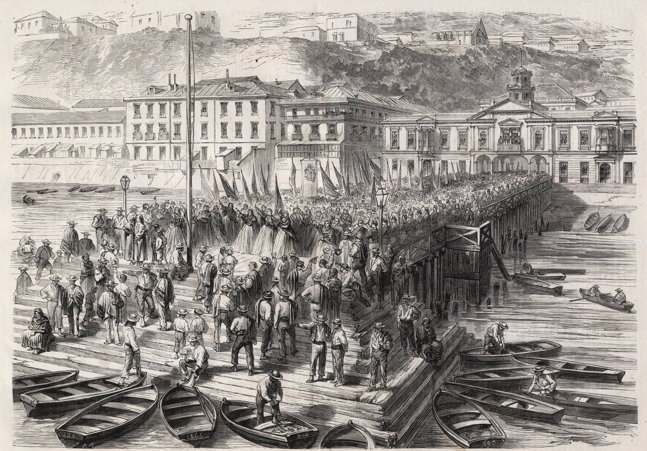 Sydamerikansk Hispano-krig mellem Chile og Spanien, september 1865: damerne fra Valparaiso, i nærværelse af den spanske eskadron, der blokerer havnen, synger patriotiske salmer - indgravering i "" The Illustrous World" af Unknown artist