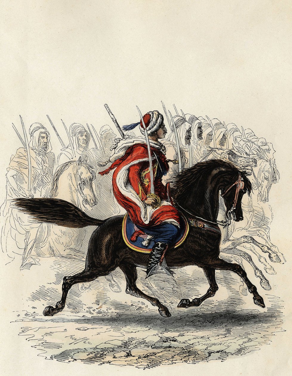 Spahis (indiske kavalerikorps af den franske hær) bestående hovedsageligt af arabiske ryttere uddannet for provinsen Algier i 1834, d