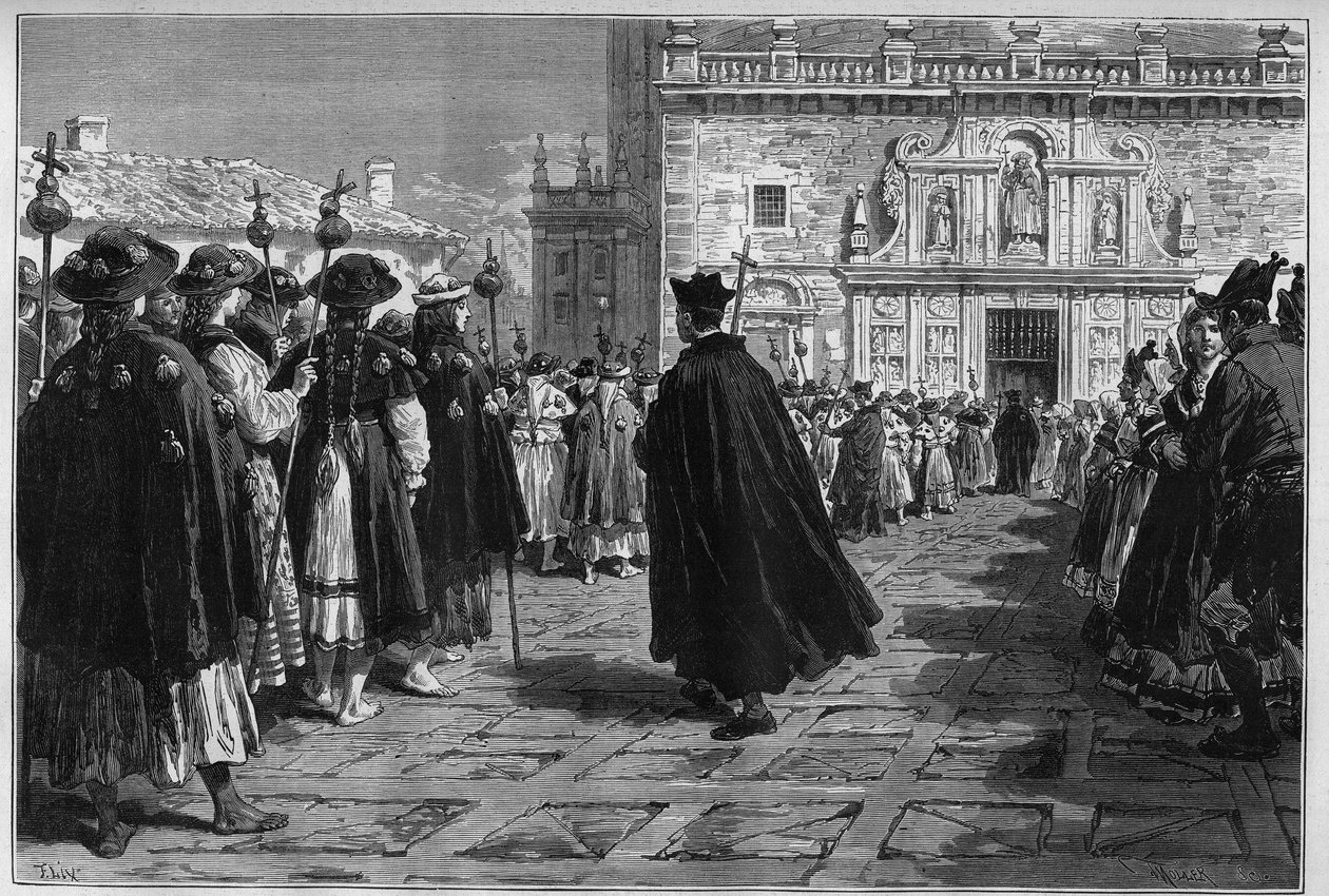 Spanien 1880: festerne i Santiago de Compostela (Santiago de Compostela), pelerinernes procession ved indgangen til basilikaen. af Unknown artist
