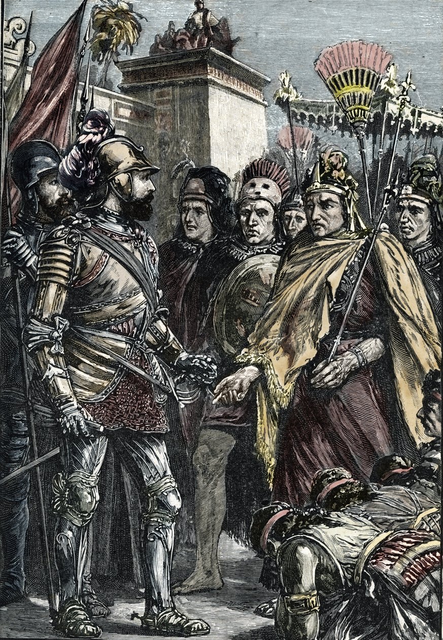 Spaniernes erobring af Mexico: møde mellem Hernan Cortes og Montezuma II i 1519 af Unknown artist